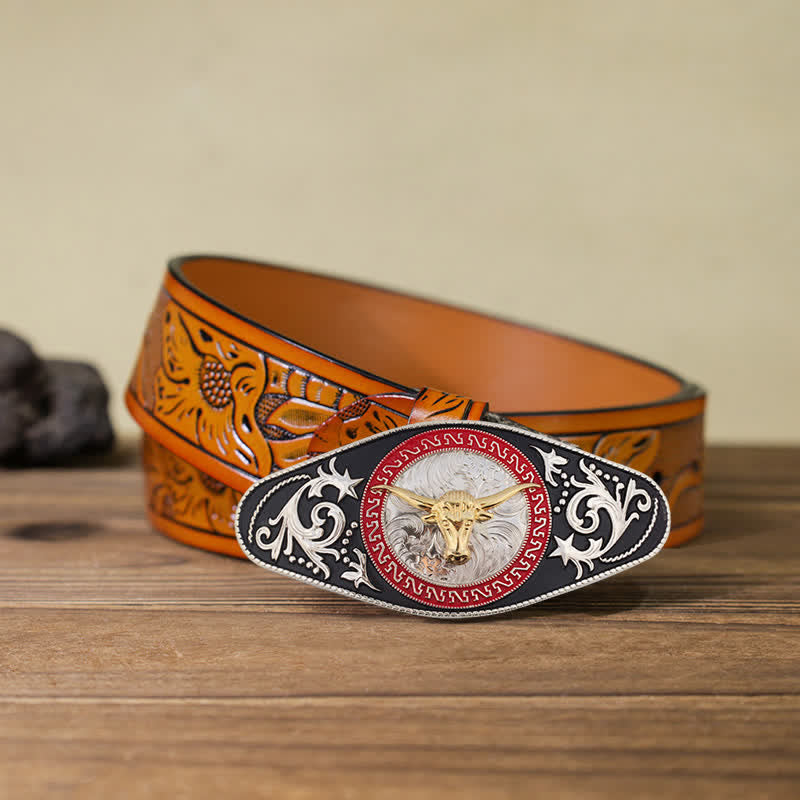 Cintura in pelle con fibbia in oro nero da uomo fai da te Western - Testa di toro - Cintura intagliata arancione (40) - image 30