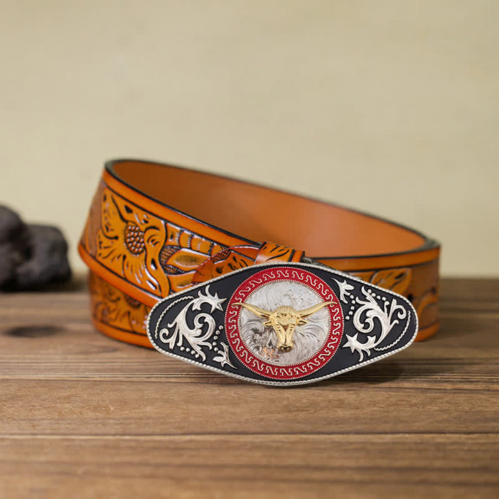 Cintura in pelle con fibbia in oro nero da uomo fai da te Western - Testa di toro - Cintura intagliata arancione (40) - image 30