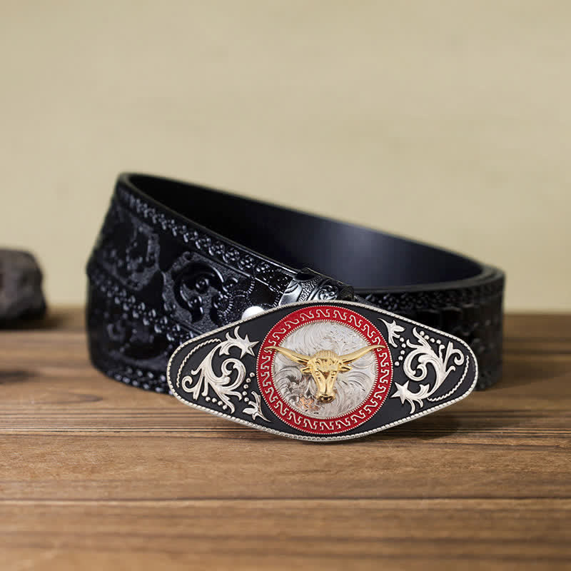 Cintura in pelle con fibbia in oro nero da uomo fai da te Western - Testa di toro - Cintura nera intagliata (40) - image 27