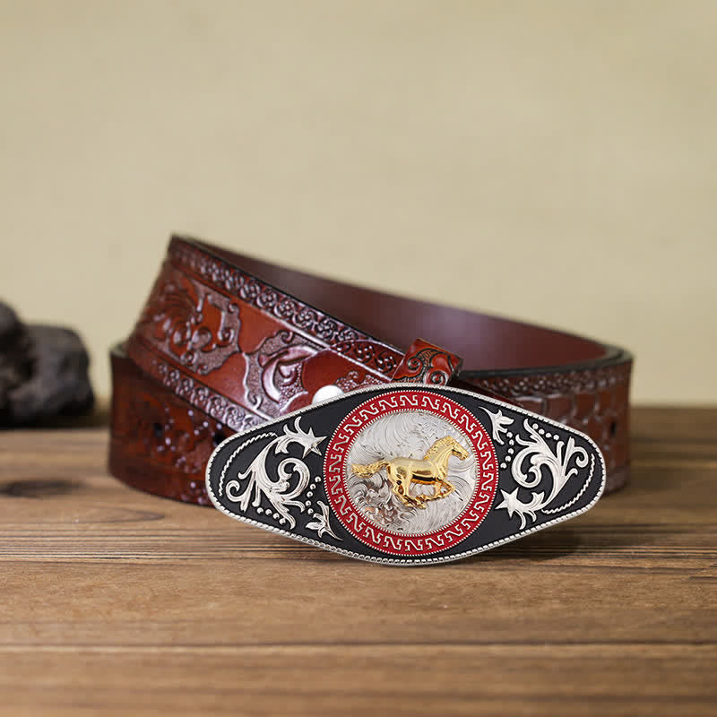 Cintura in pelle con fibbia in oro nero da uomo fai da te Western - Cavallo in corsa - Cintura marrone intagliata (40)ch) - image 10
