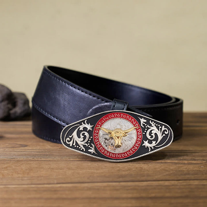 Cintura in pelle con fibbia in oro nero da uomo fai da te Western - Testa di toro - Cintura PU nera (40) - image 23