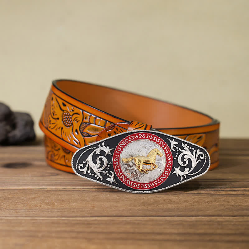 Cintura in pelle con fibbia in oro nero da uomo fai da te Western - Cavallo in corsa - Cintura intagliata arancione (40) - image 12