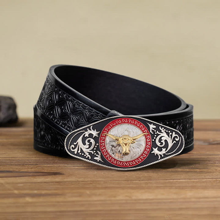 Cintura in pelle con fibbia in oro nero da uomo fai da te Western - Testa di toro - Cintura in tessuto goffrato nero (40) - image 25