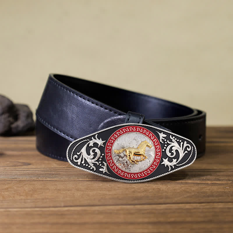 Cintura in pelle con fibbia in oro nero da uomo fai da te Western - Cavallo in corsa - Cintura PU nera (40) - image 6