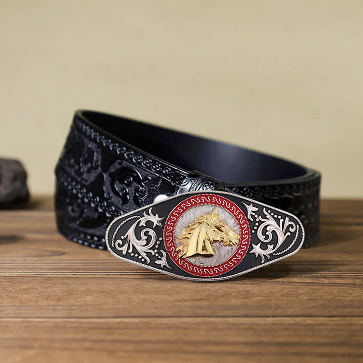 Cintura in pelle con fibbia in oro nero da uomo fai da te Western - Testa di cavallo - Cintura nera intagliata (40) - image 19