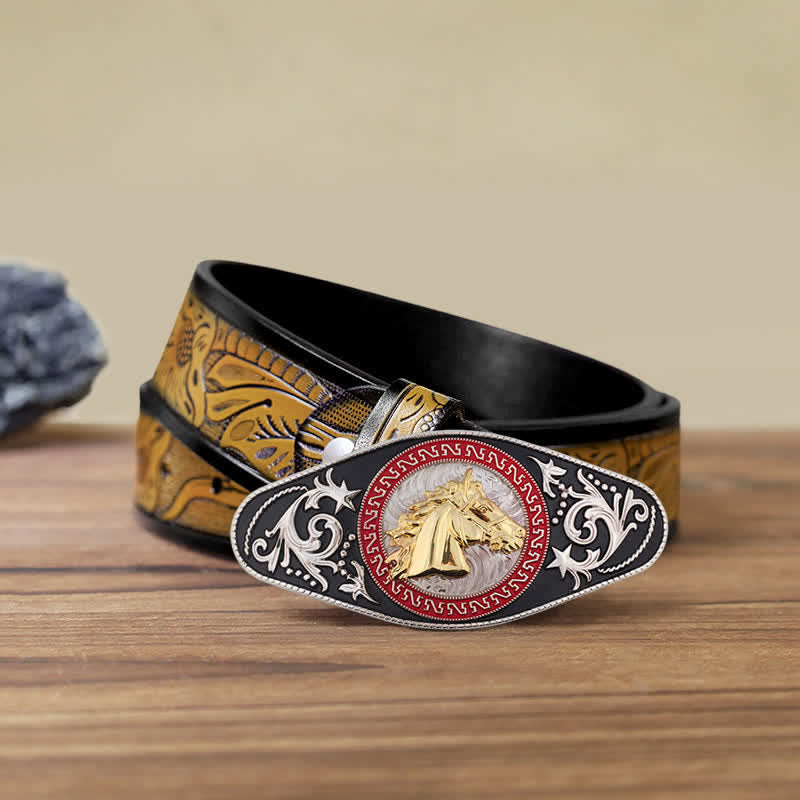Cintura in pelle con fibbia in oro nero da uomo fai da te Western - Testa di cavallo - Cintura marrone sabbia (40) - image 21