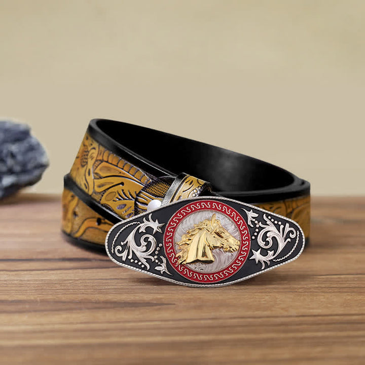 Cintura in pelle con fibbia in oro nero da uomo fai da te Western - Testa di cavallo - Cintura marrone sabbia (40) - image 21