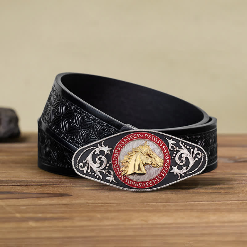Cintura in pelle con fibbia in oro nero da uomo fai da te Western - Testa di cavallo - Cintura in tessuto goffrato nero (40) - image 18