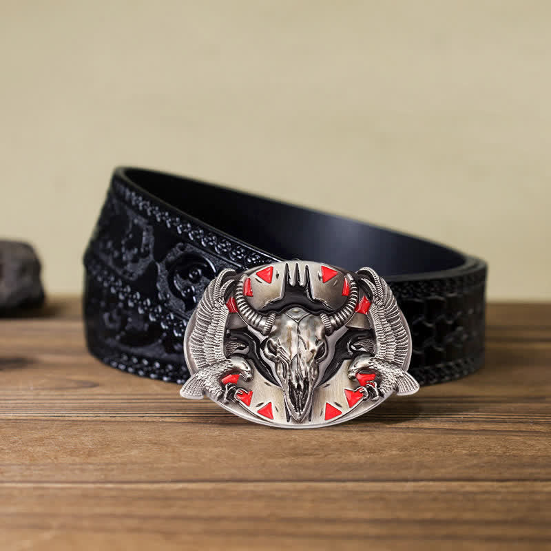 Cintura in pelle fai da te da uomo con fibbia vintage Bull & Dual Eagles - Rosso - Cintura nera intagliata (40) - image 6