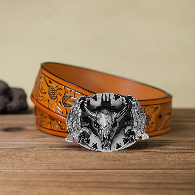 Cintura in pelle fai da te da uomo con fibbia vintage Bull & Dual Eagles - Nero - Cintura intagliata arancione (40) - image 20