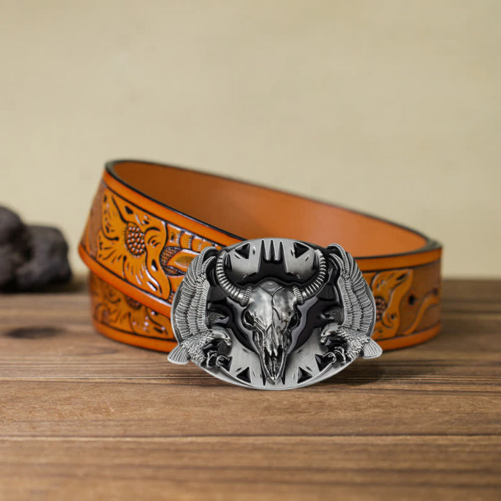Cintura in pelle fai da te da uomo con fibbia vintage Bull & Dual Eagles - Nero - Cintura intagliata arancione (40) - image 20