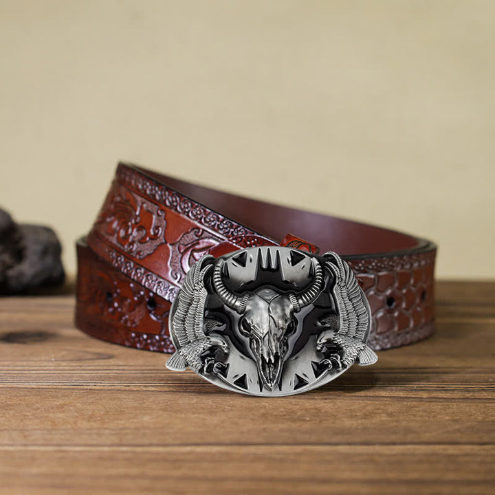 Cintura in pelle fai da te da uomo con fibbia vintage Bull & Dual Eagles - Nero - Cintura marrone intagliata (40) - image 18
