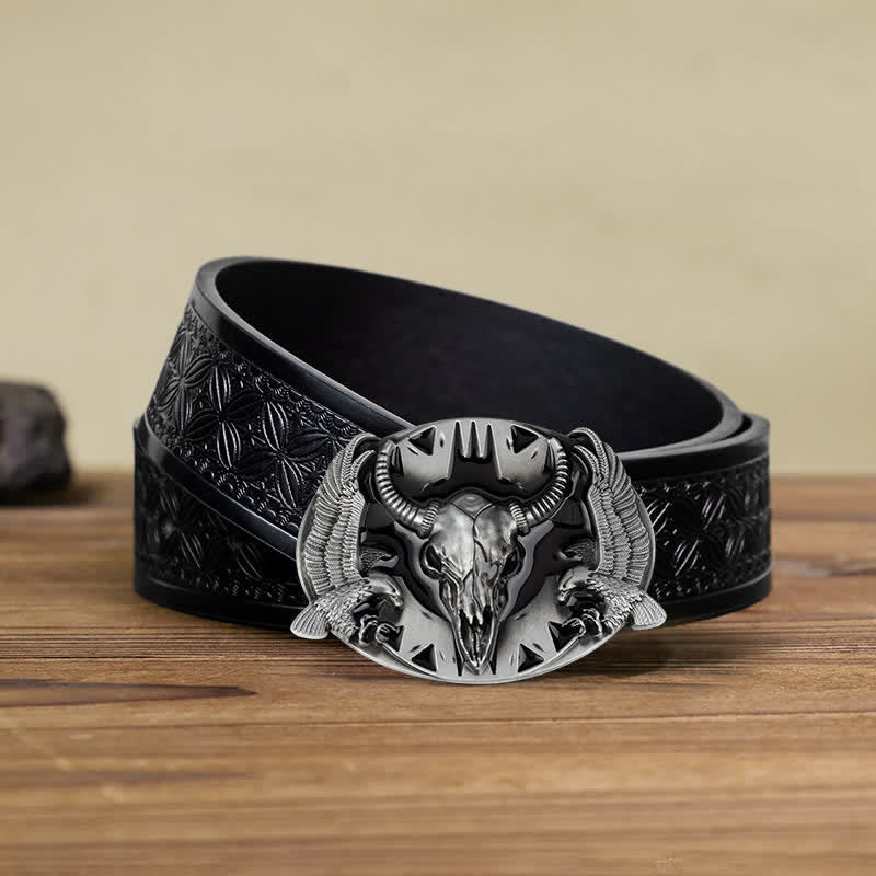 Cintura in pelle fai da te da uomo con fibbia vintage Bull & Dual Eagles - Nero - Cintura in tessuto goffrato nero (40) - image 16