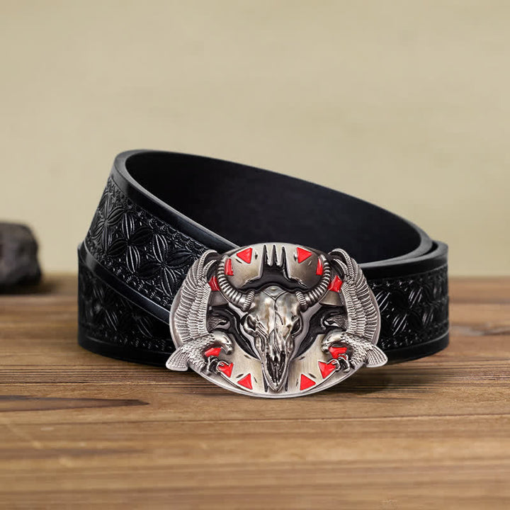 Cintura in pelle fai da te da uomo con fibbia vintage Bull & Dual Eagles - Rosso - Cintura in tessuto goffrato nero (40) - image 5