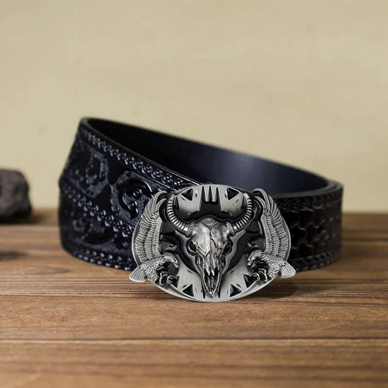 Cintura in pelle fai da te da uomo con fibbia vintage Bull & Dual Eagles - Nero - Cintura nera intagliata (40) - image 17