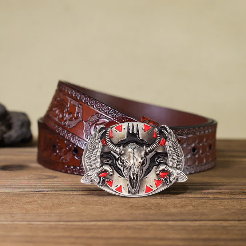 Cintura in pelle fai da te da uomo con fibbia vintage Bull & Dual Eagles - Rosso - Cintura marrone intagliata (40) - image 7