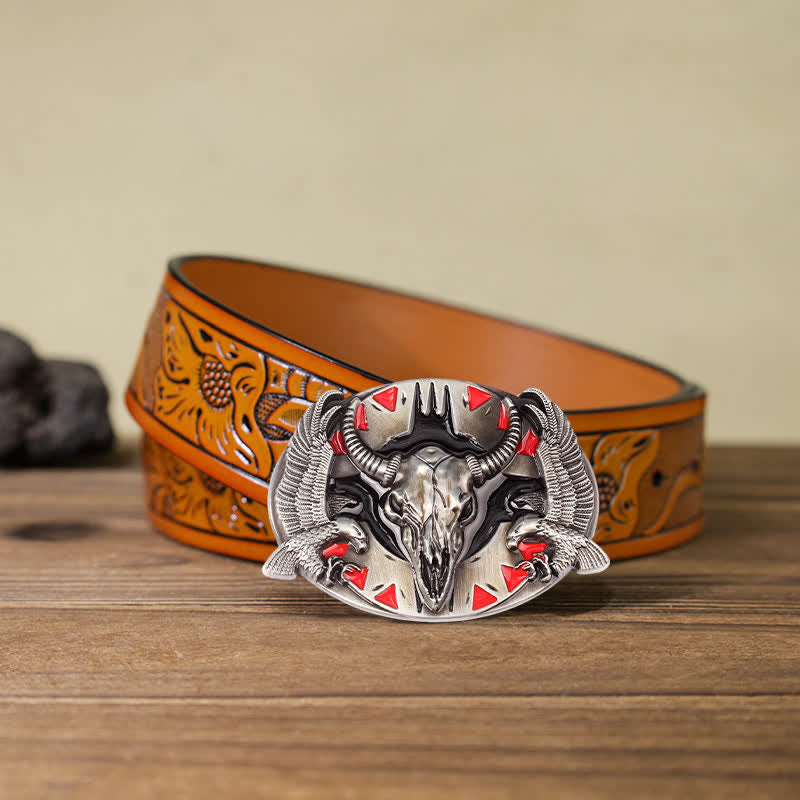 Cintura in pelle fai da te da uomo con fibbia vintage Bull & Dual Eagles - Rosso - Cintura intagliata arancione (40) - image 9