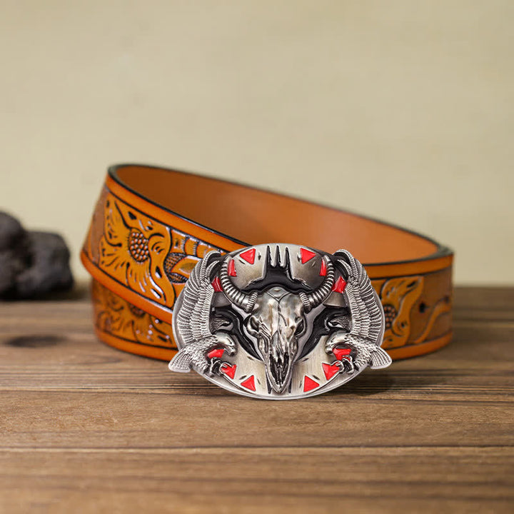 Cintura in pelle fai da te da uomo con fibbia vintage Bull & Dual Eagles - Rosso - Cintura intagliata arancione (40) - image 9