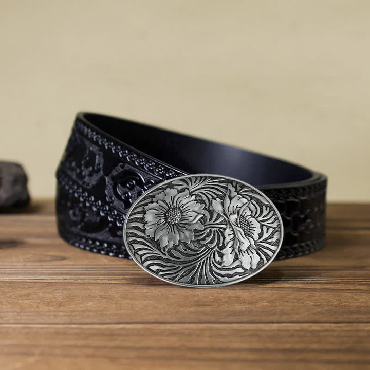 Cintura in pelle con fibbia floreale ovale western fai da te da uomo