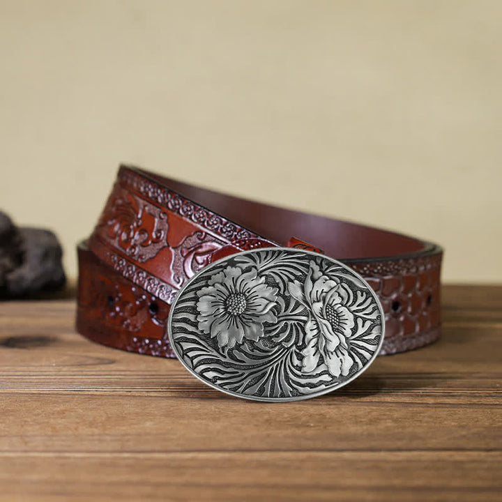Cintura in pelle con fibbia floreale ovale western fai da te da uomo