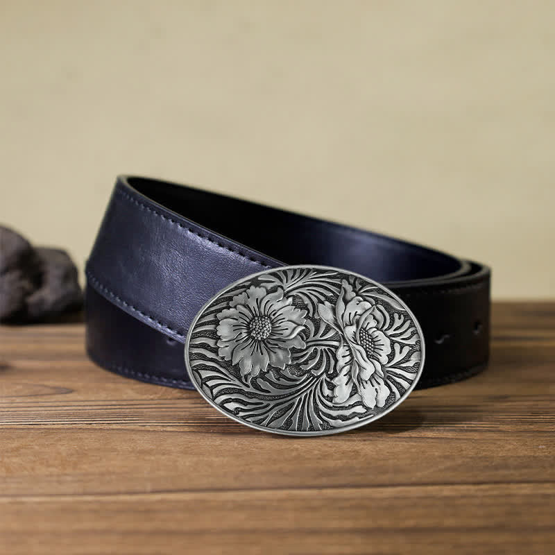 Cintura in pelle con fibbia floreale ovale western fai da te da uomo
