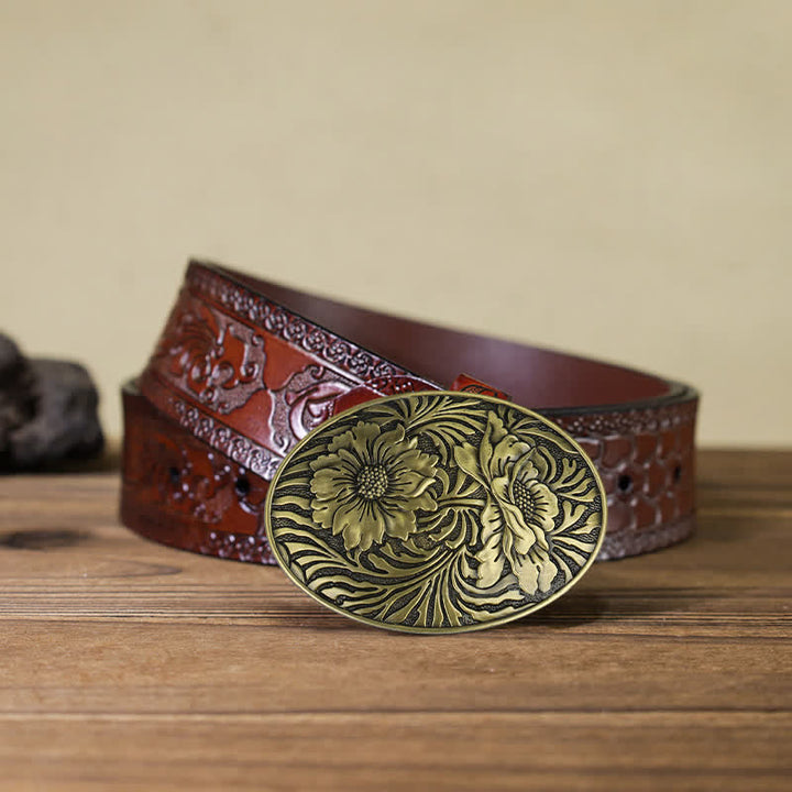 Cintura in pelle con fibbia floreale ovale western fai da te da uomo