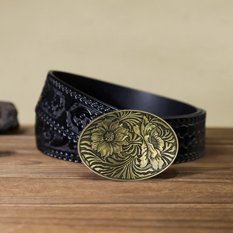 Cintura in pelle con fibbia floreale ovale western fai da te da uomo