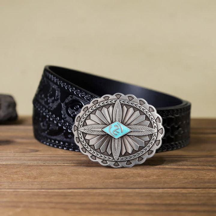 Cintura in pelle con fibbia a forma di totem con croce tribale indiana fai da te da uomo - Azzurro cielo - Cintura nera intagliata (40) - image 6