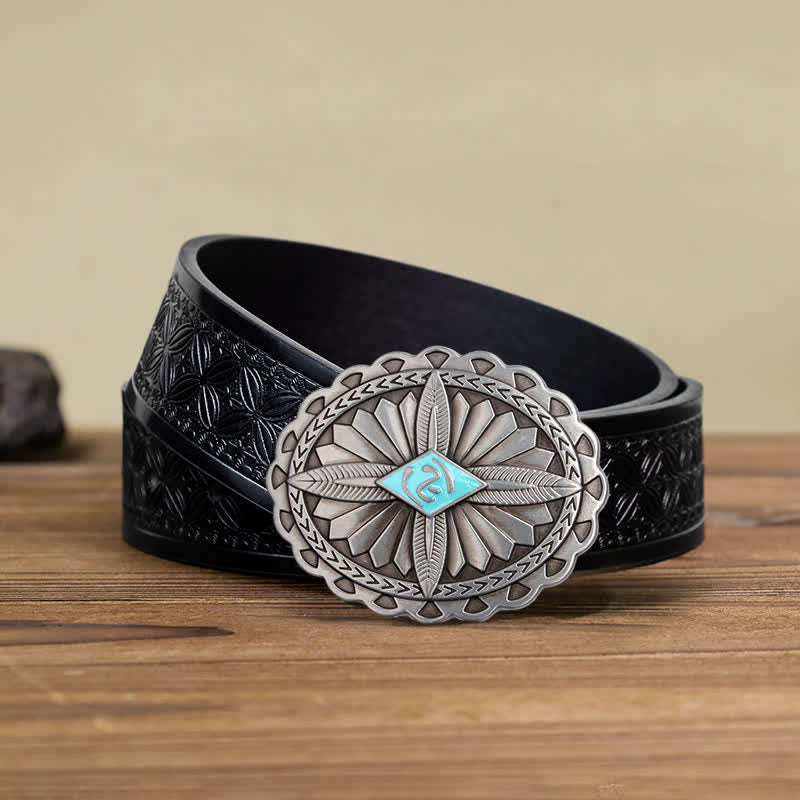 Cintura in pelle con fibbia a forma di totem con croce tribale indiana fai da te da uomo - Azzurro cielo - Cintura in tessuto goffrato nero (40) - image 5