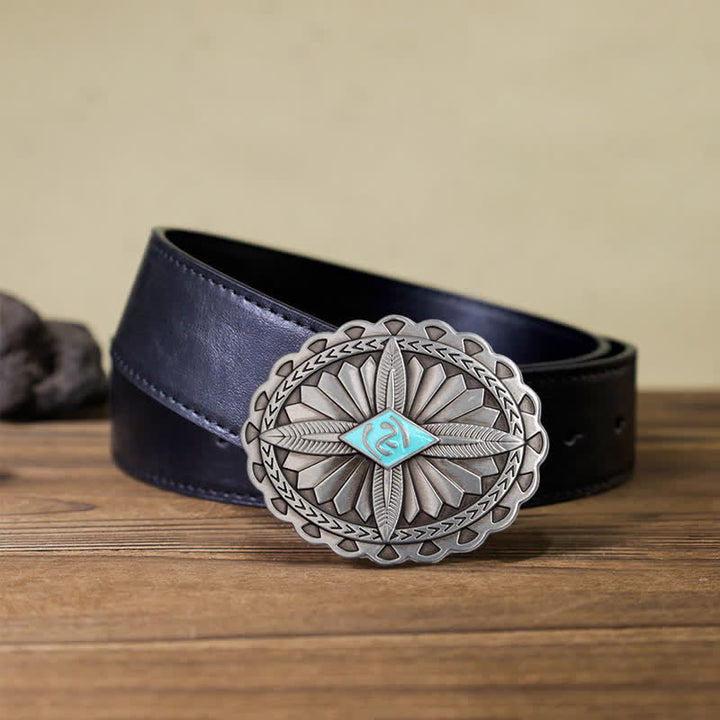 Cintura in pelle con fibbia a forma di totem con croce tribale indiana fai da te da uomo - Azzurro cielo - Cintura PU nera (40) - image 3
