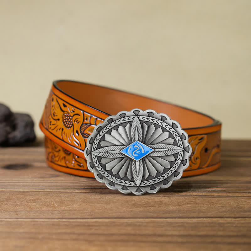 Cintura in pelle con fibbia a forma di totem con croce tribale indiana fai da te da uomo - Blu - Cintura intagliata arancione (40) - image 18