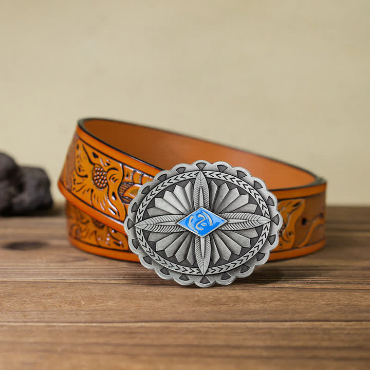 Cintura in pelle con fibbia a forma di totem con croce tribale indiana fai da te da uomo - Blu - Cintura intagliata arancione (40) - image 18