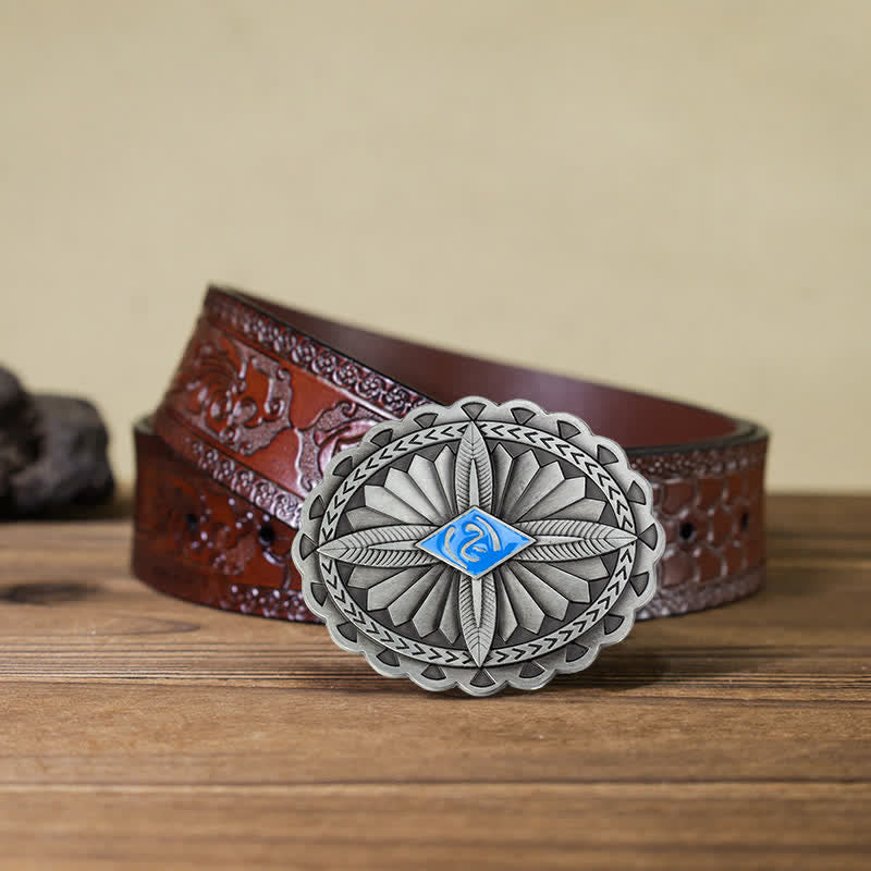 Cintura in pelle con fibbia a forma di totem con croce tribale indiana fai da te da uomo - Blu - Cintura marrone intagliata (40) - image 16