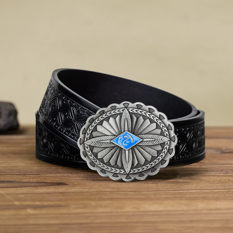 Cintura in pelle con fibbia a forma di totem con croce tribale indiana fai da te da uomo - Blu - Cintura in tessuto goffrato nero (40) - image 14