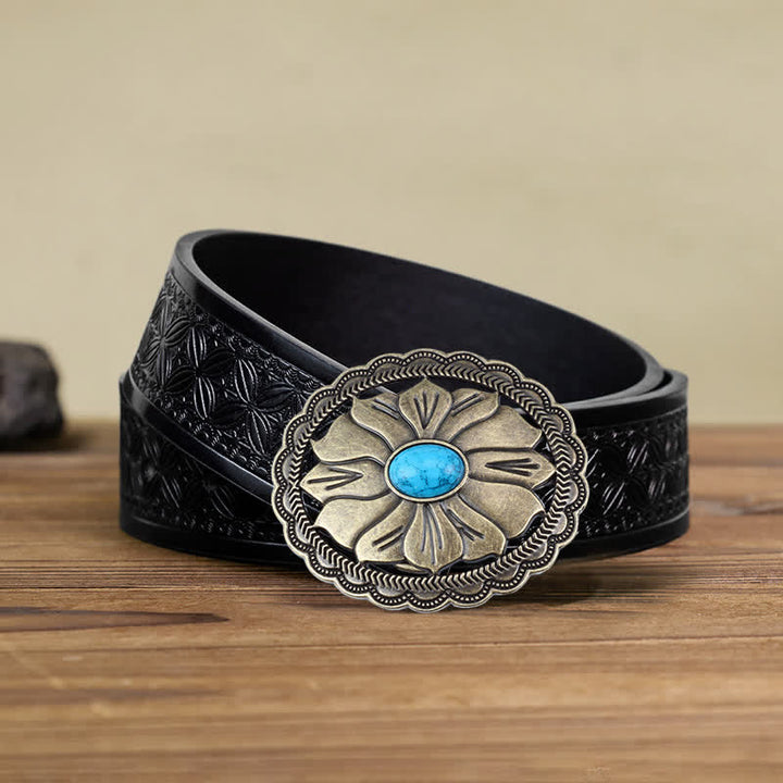 Cintura in pelle con fibbia floreale intarsiata turchese fai da te da uomo - Bronzo - Cintura in tessuto goffrato nero (40) - image 7