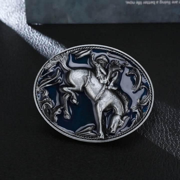 Cintura in pelle con fibbia da equitazione in smalto blu fai da te da uomo