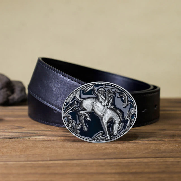 Cintura in pelle con fibbia da equitazione in smalto blu fai da te da uomo