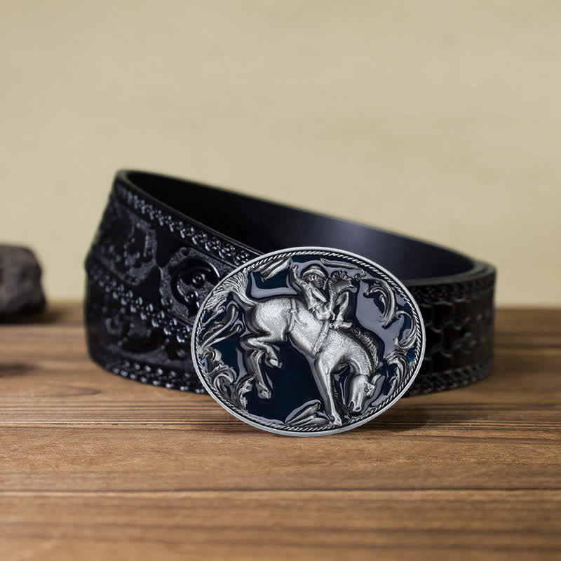 Cintura in pelle con fibbia da equitazione in smalto blu fai da te da uomo