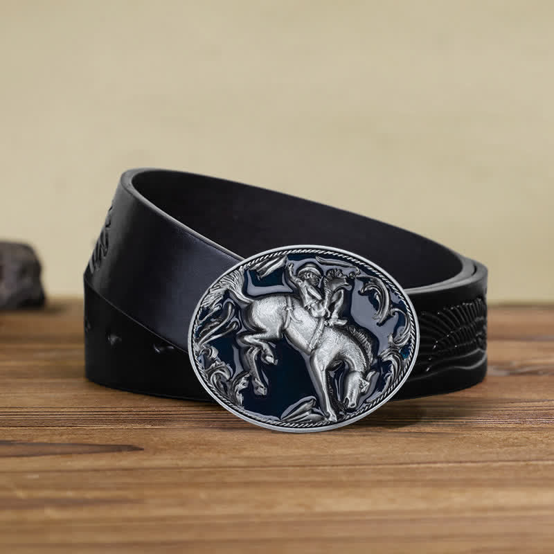Cintura in pelle con fibbia da equitazione in smalto blu fai da te da uomo