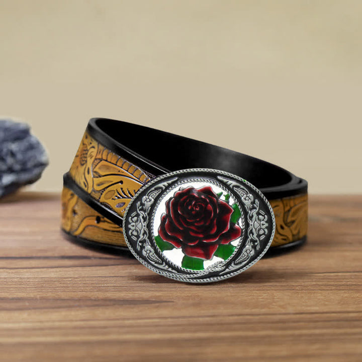 Cintura in pelle con fibbia a forma di rosa colorata fai da te da uomo in stile western