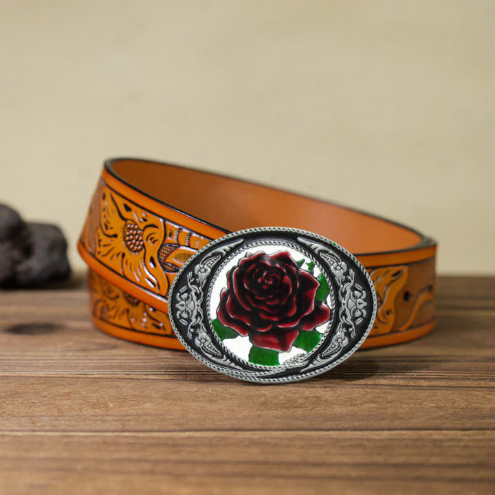 Cintura in pelle con fibbia a forma di rosa colorata fai da te da uomo in stile western