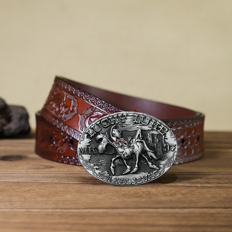 Cintura in pelle fai da te da uomo con fibbia a forma di asino che cavalca Lucky Luke