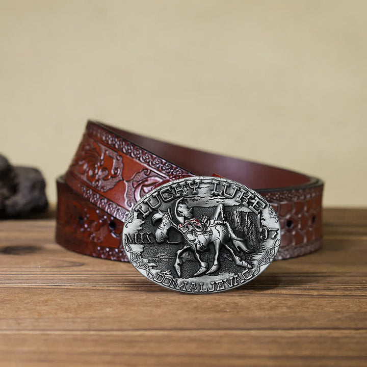 Cintura in pelle fai da te da uomo con fibbia a forma di asino che cavalca Lucky Luke