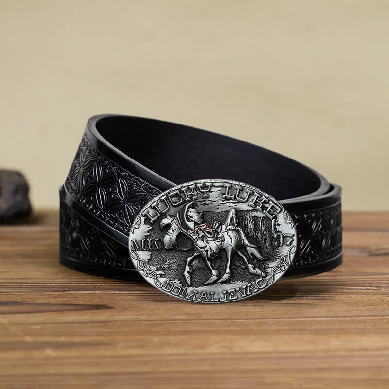 Cintura in pelle fai da te da uomo con fibbia a forma di asino che cavalca Lucky Luke