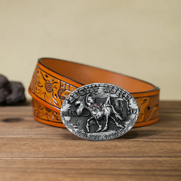 Cintura in pelle fai da te da uomo con fibbia a forma di asino che cavalca Lucky Luke