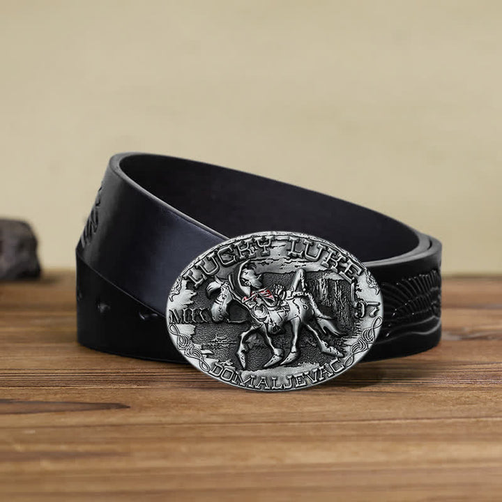 Cintura in pelle fai da te da uomo con fibbia a forma di asino che cavalca Lucky Luke