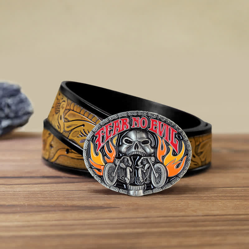 Cintura in pelle con fibbia da motociclista con teschio Fear No Evil fai da te da uomo