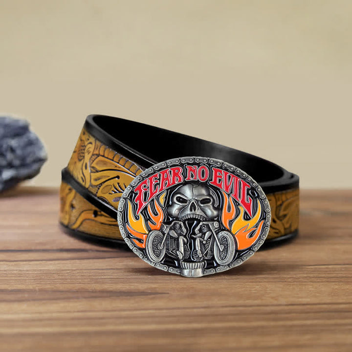 Cintura in pelle con fibbia da motociclista con teschio Fear No Evil fai da te da uomo