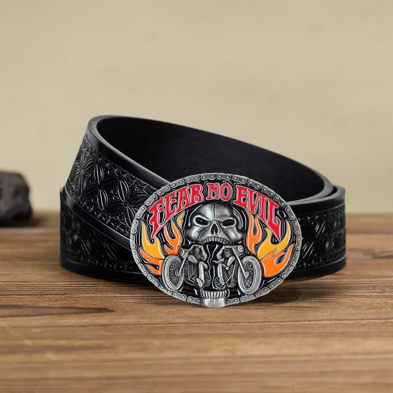 Cintura in pelle con fibbia da motociclista con teschio Fear No Evil fai da te da uomo