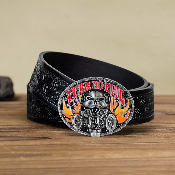 Cintura in pelle con fibbia da motociclista con teschio Fear No Evil fai da te da uomo